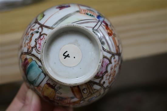 Three 18th century Chinese family rose tea bowls and two saucers, two other teabowls and three wood stands